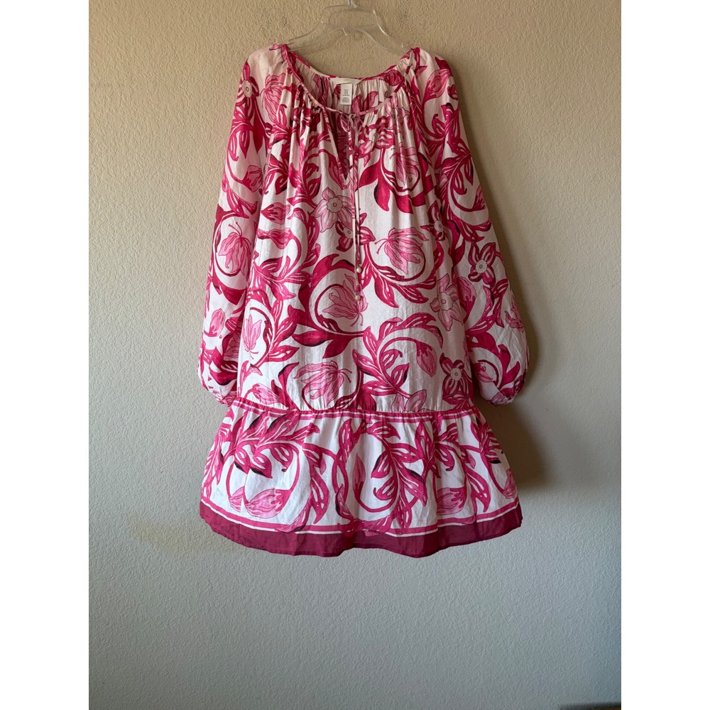 H&M Pink White Floral Long Sleeve Tiered Mini Dress XL